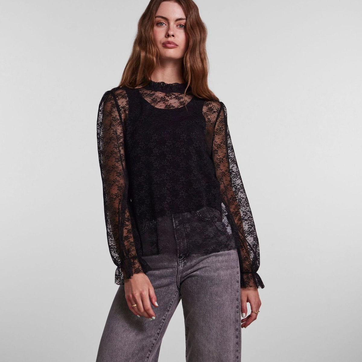 Pieces - May Top (Black) LS Lace